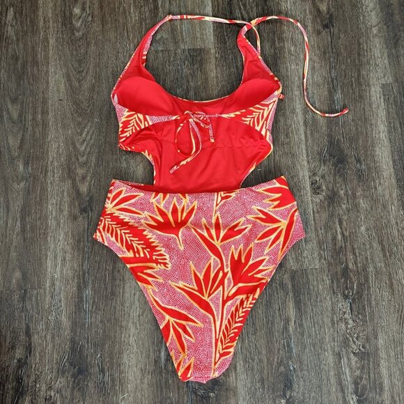 Aerie Red Coral Floral Monokini One Piece Swimsuit Bird of Paradise Open Cut - Picture 6 of 6
